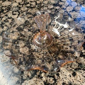 PINK DEPRESSION GLASS Ruffled Edge Candy  Dish With Handle Trinket Jewelry Nuts